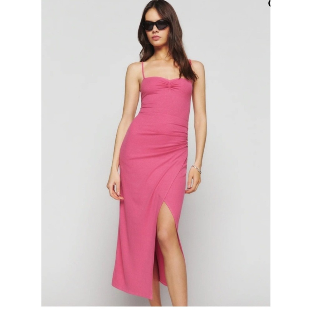 Reformation Kourtney Dress Women S Pink Excellent Ribbed Midi Side Slit Ruched